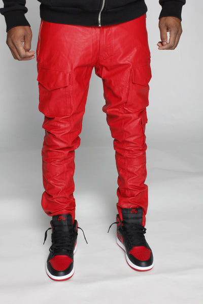 LEATHER CARGO PANTS IN RED
